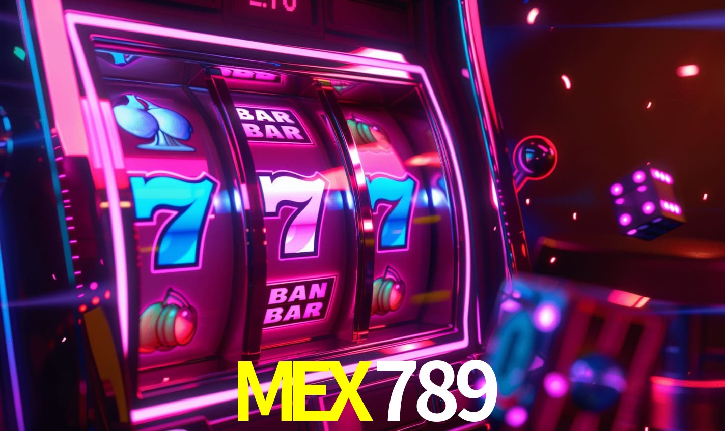 Una escena digital vívida inspirada en casino con MEX789 mostrado prominentemente, luces brillantes, fichas, cartas y acentos dorados.