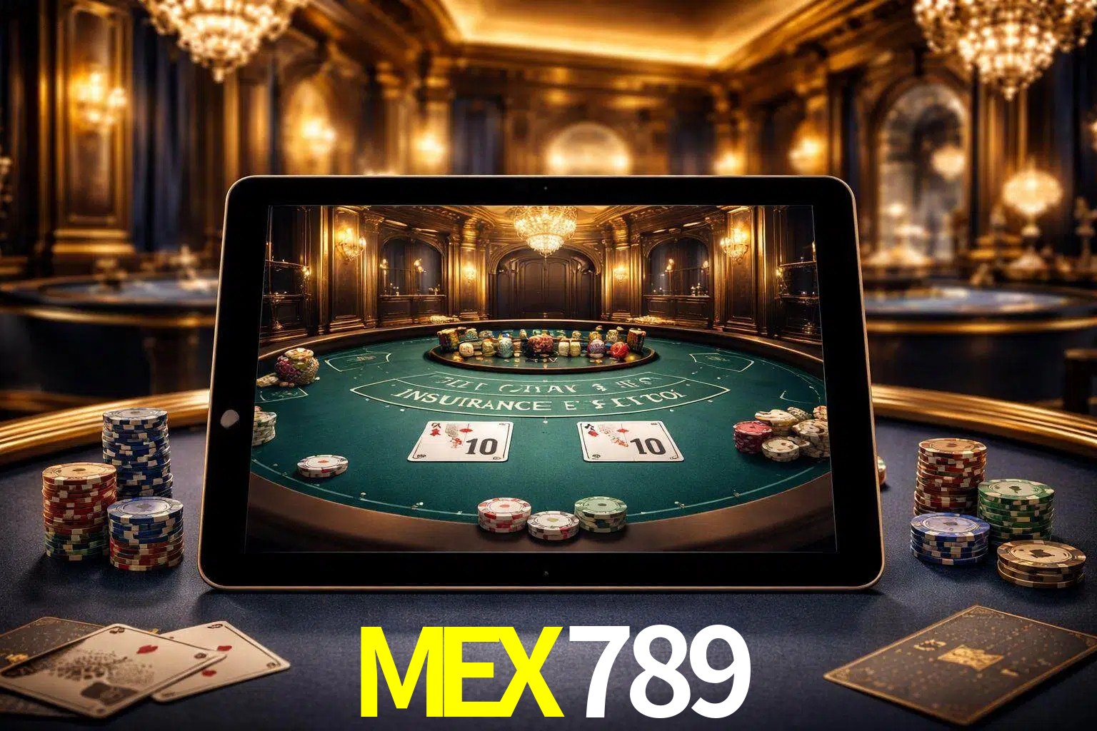 Configuración moderna de casino en vivo con una tableta mostrando una mesa de blackjack, luces cálidas de estudio y una atmósfera elegante de juegos digitales.